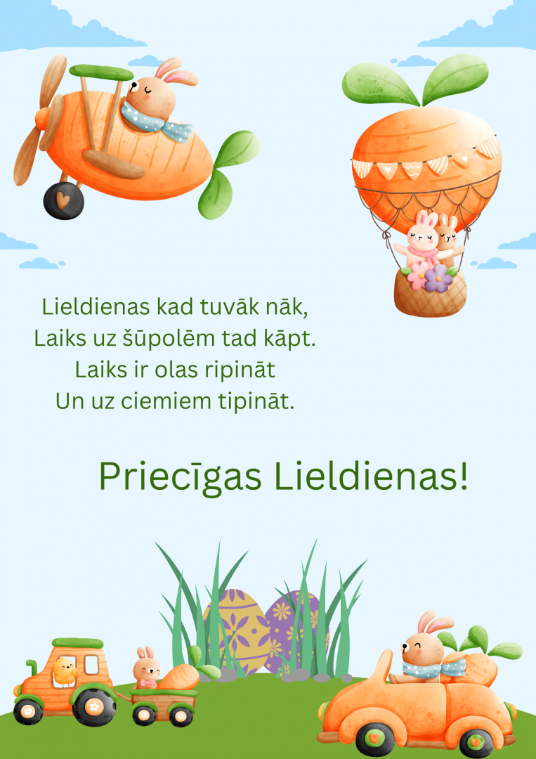 Lieldienu zaķisved olas gaisa balonā, aeroplānā, traktorā un auto - Priecīgas Lieldienas!