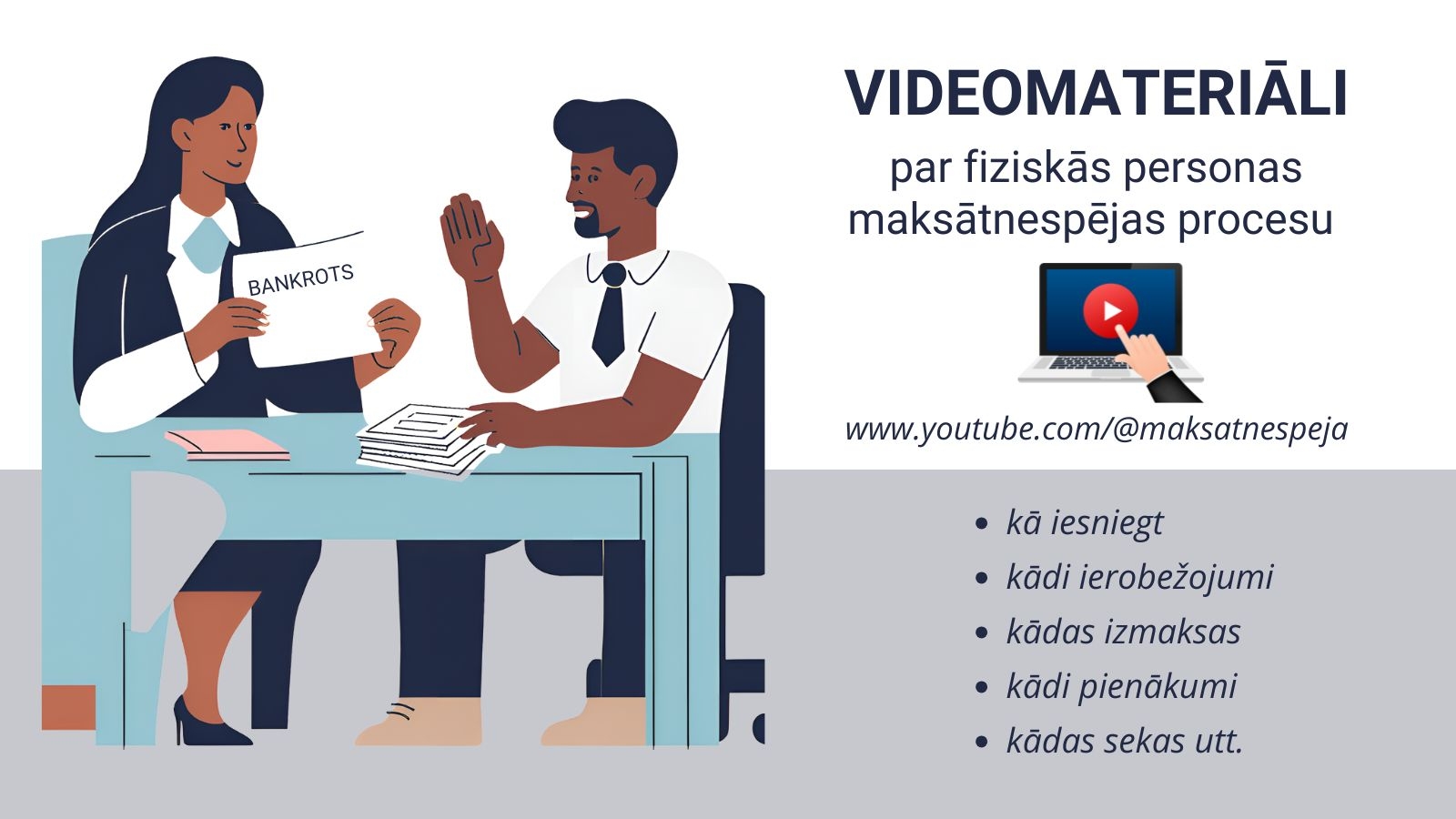 Ilustratīvss attēls, kas norāda uz videomateriālu piejamību MKD tīmekļvietnē par fiziskās personas maksātnespējas procesu.